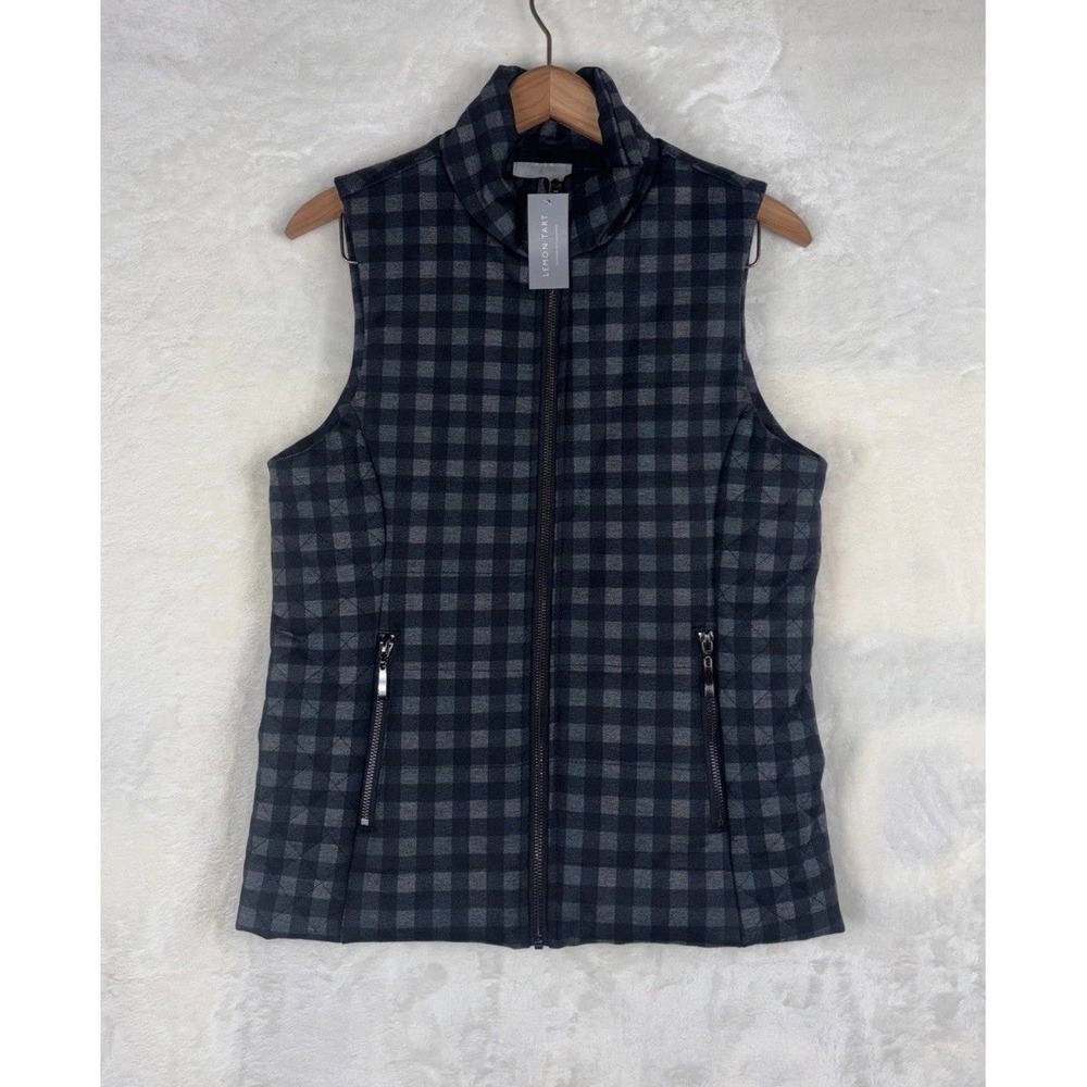 Lemon Tart Womens S Plaid Green Black Gray Quilted Zip Down Filled Puffer Vest